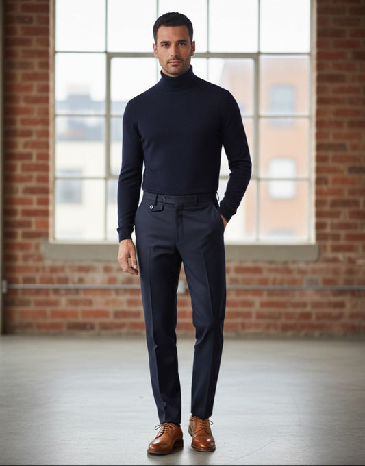Man wearing a navy turtleneck and pants standing in front of a brick wall with large windows.