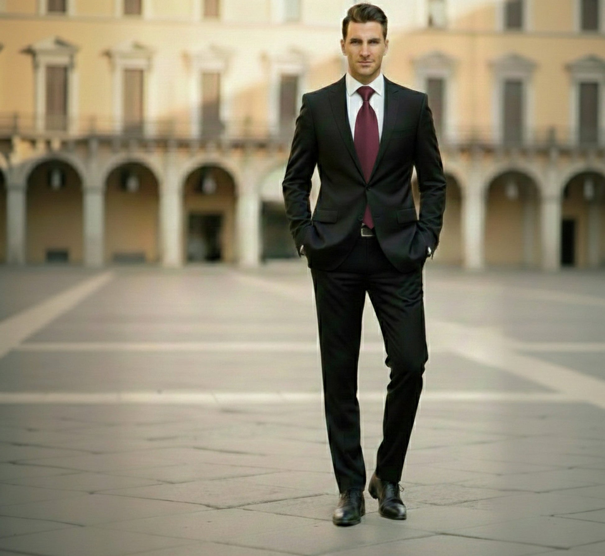 Man in a black suit with a red tie standing in an open square with arches in the background.