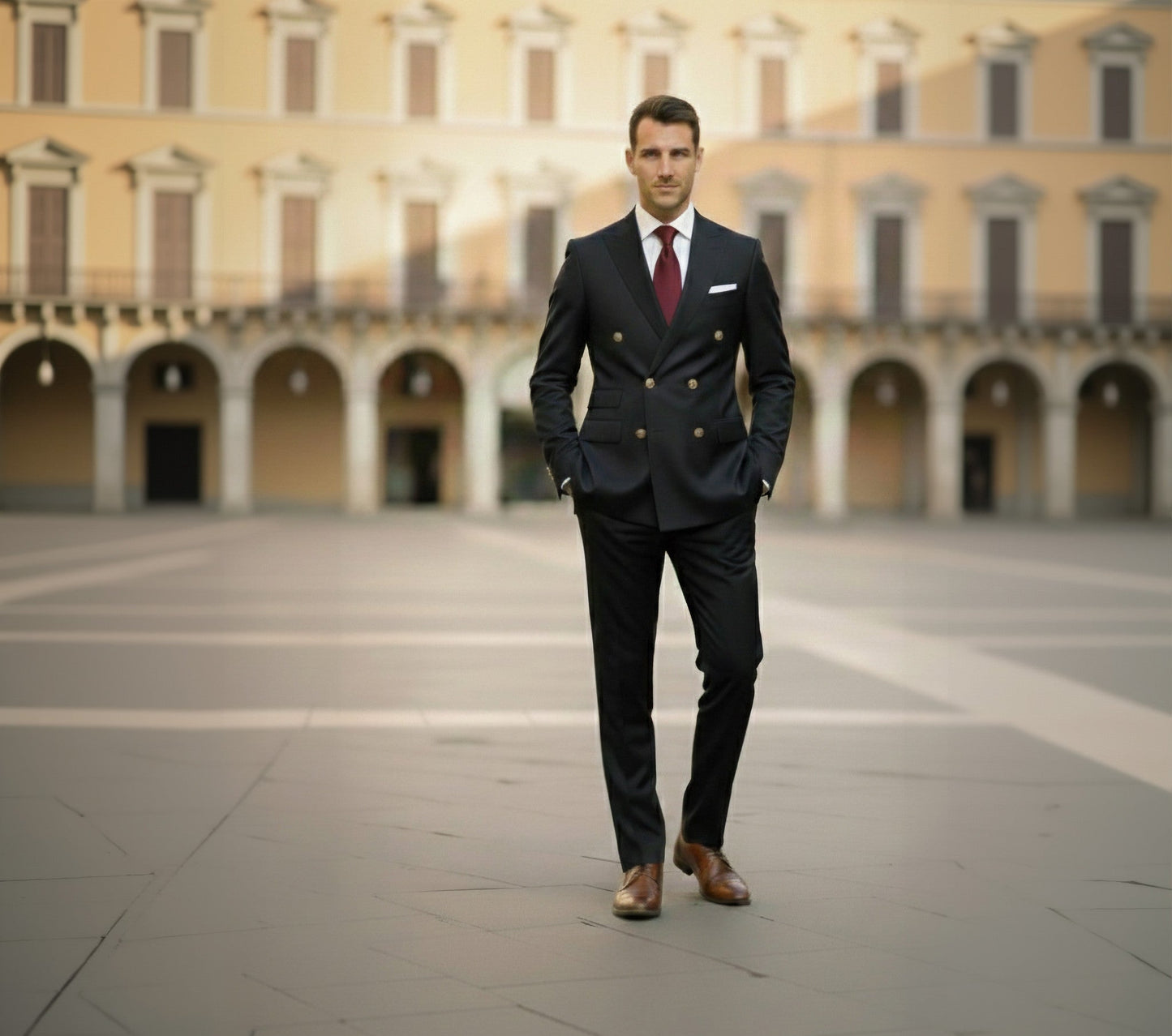 Man in a dark suit standing in an open square with classical architecture.