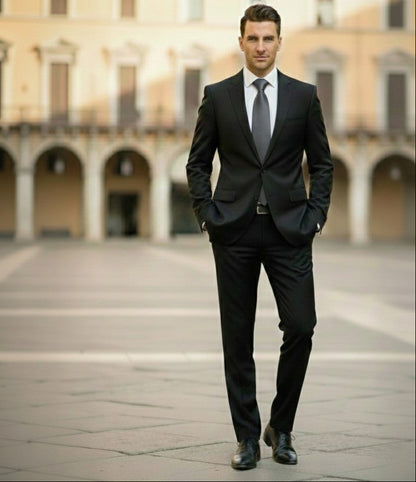 Man in a black suit standing in an open square with arches in the background