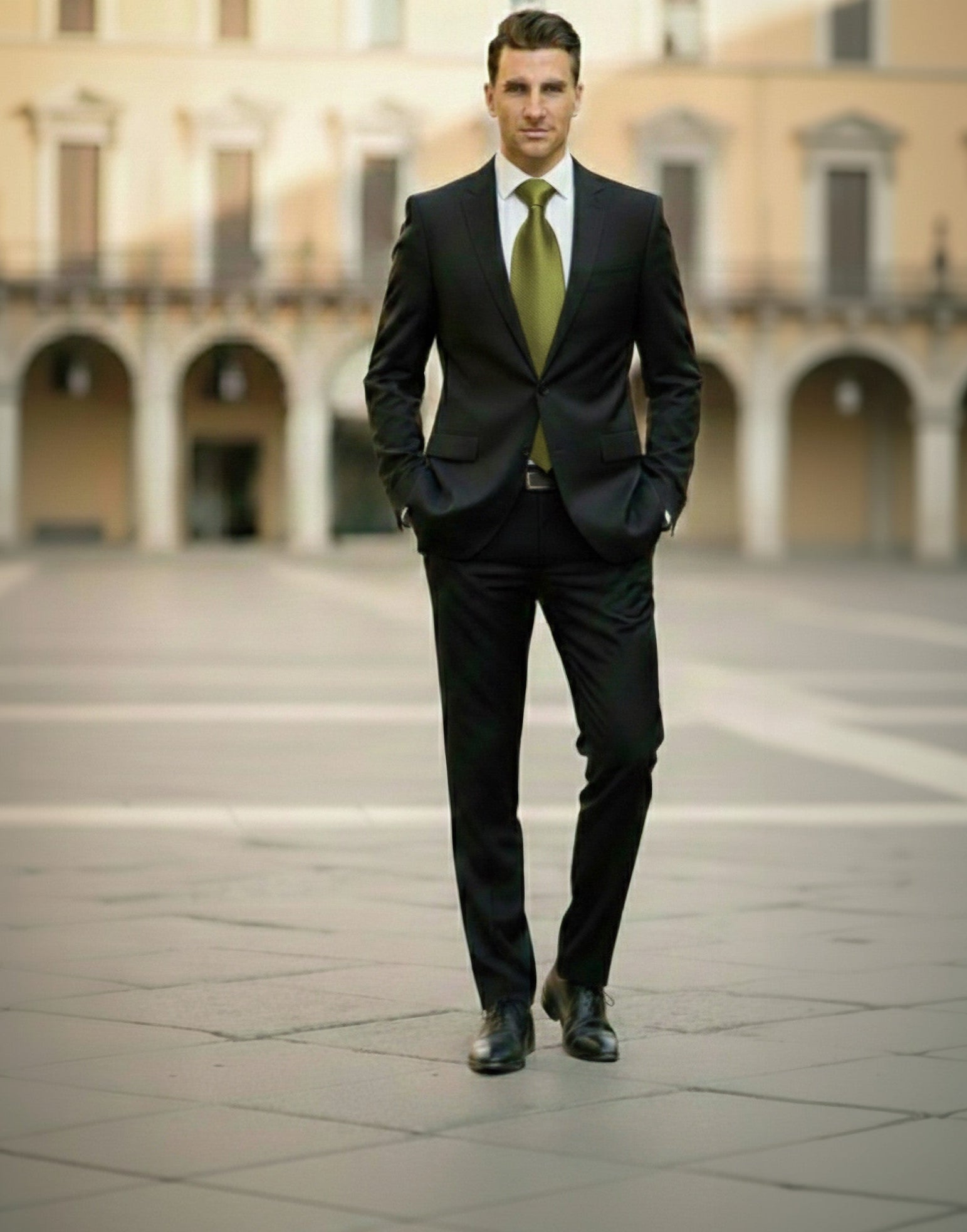 Man in a black suit with a green tie standing in an outdoor setting