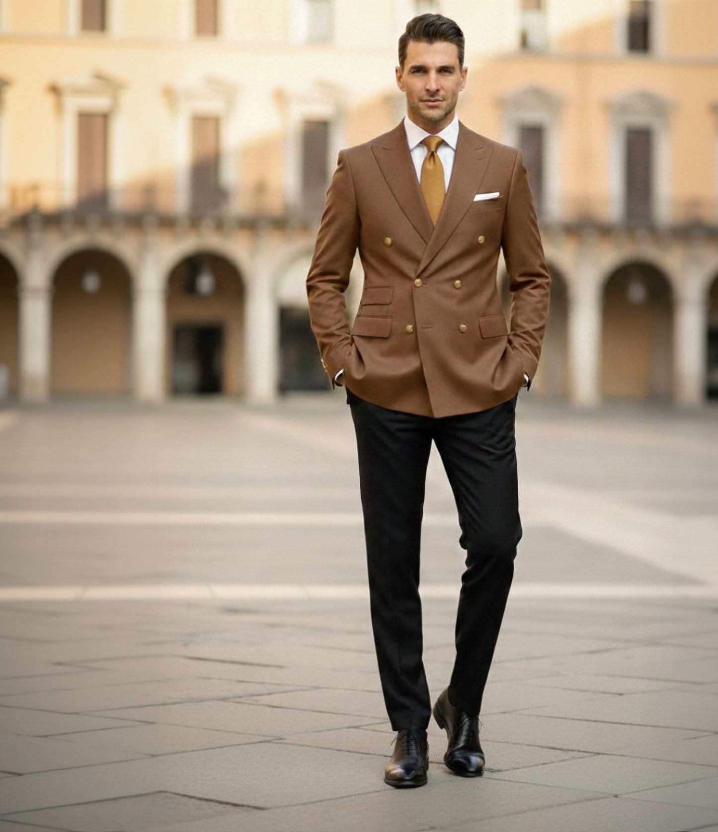 Man in a brown suit standing in an open square with classical architecture.