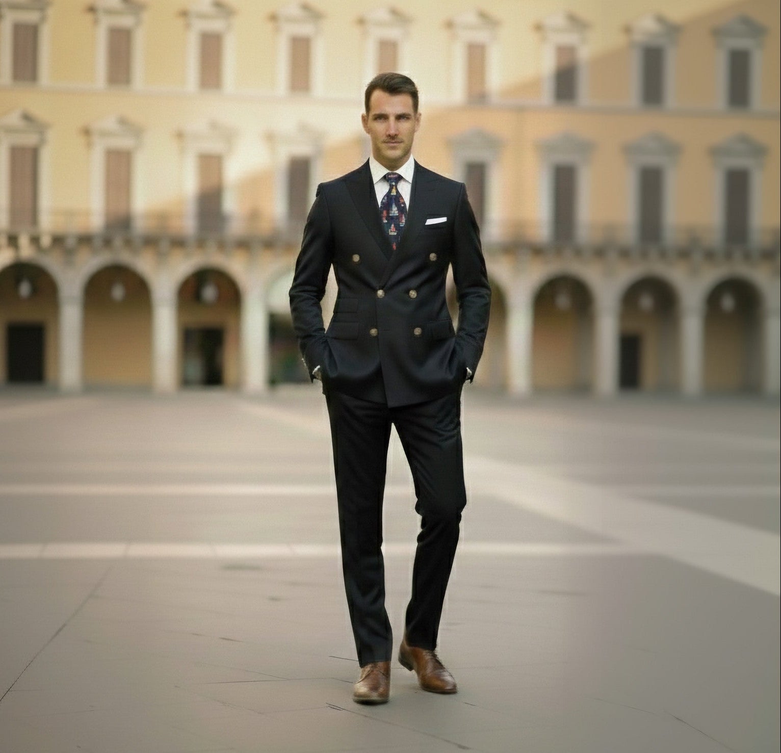 Man in a dark suit standing in front of an architectural building