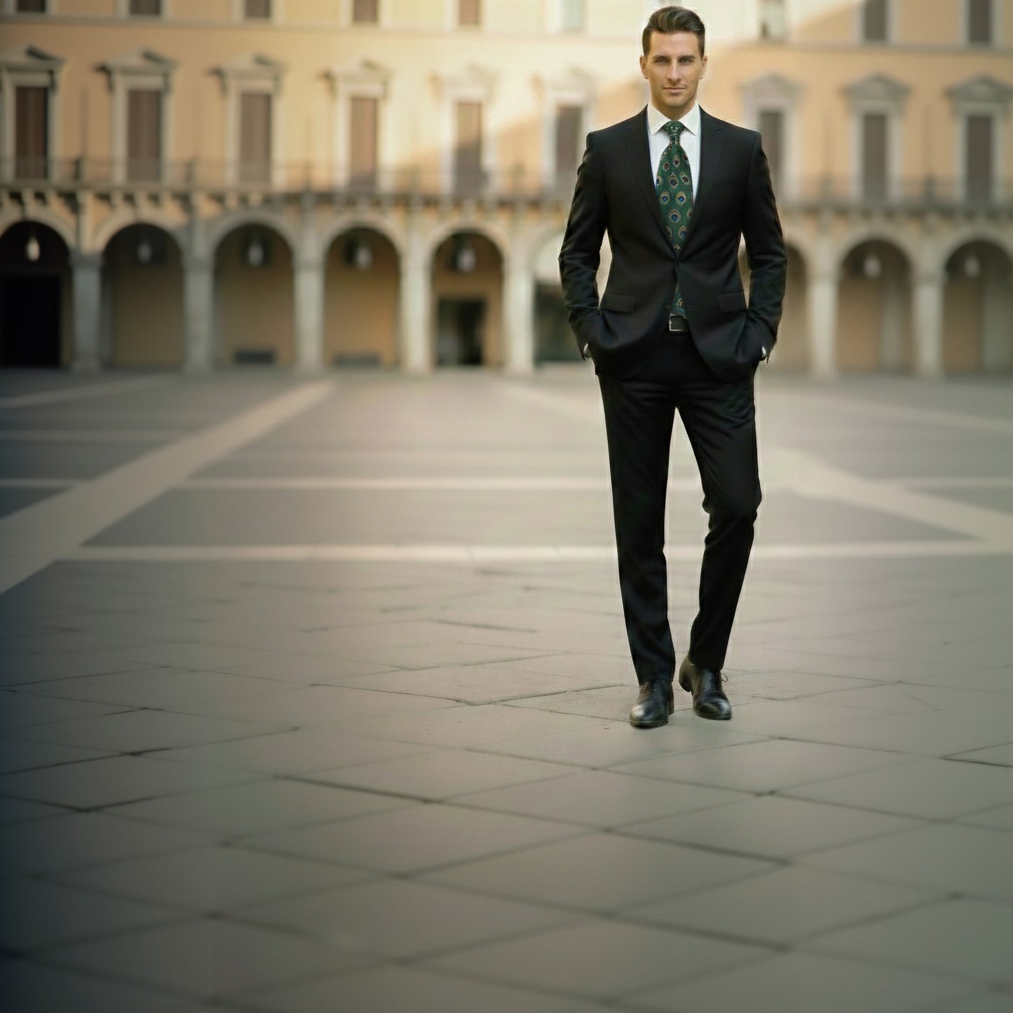 Man in a black suit walking in an open square with classical architecture.