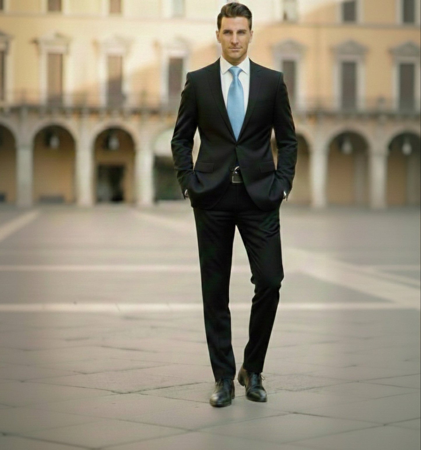 Man in a black suit with a light blue tie standing in an open square with arches.