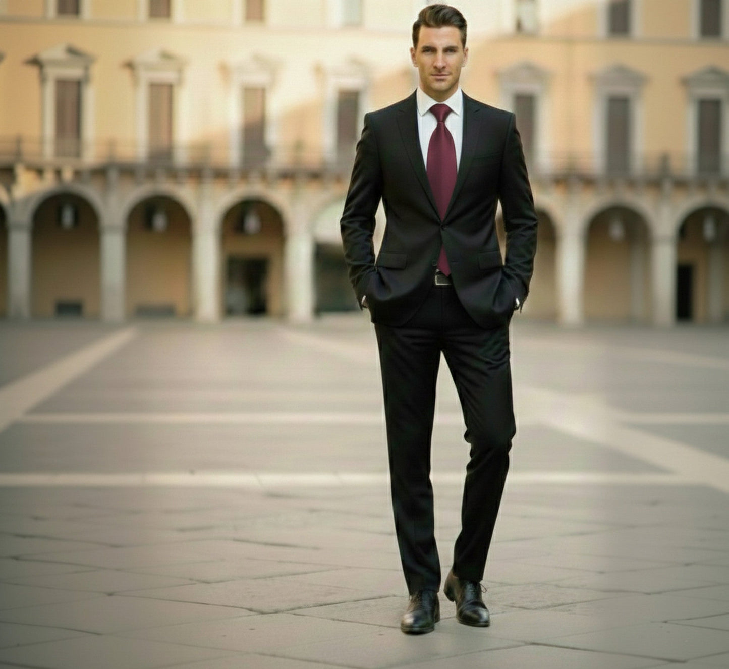 Man in a black suit with a red tie standing in an open square with arches in the background.