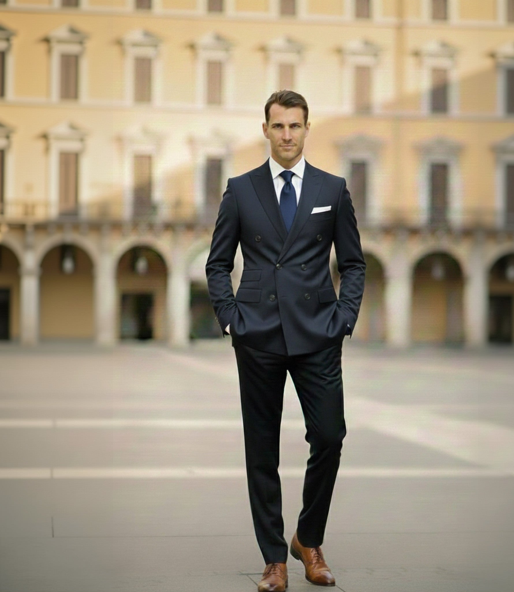 Man in a dark suit standing in front of a building with arches