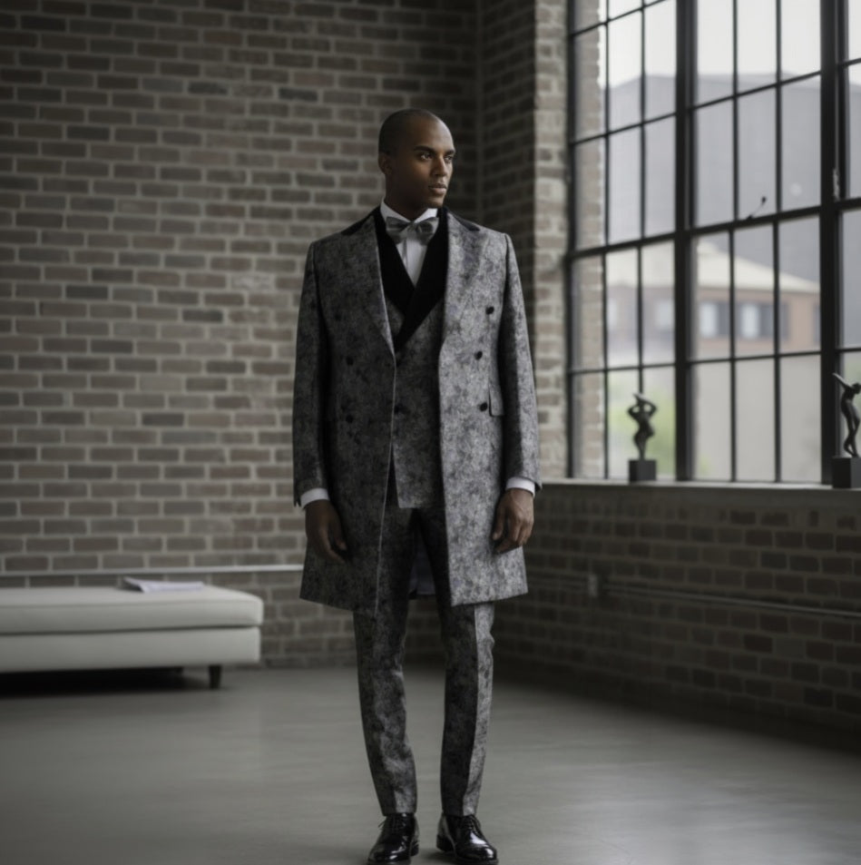 Tuxedo Sage Green/ Orange/ Teal / Grey Patterned Brocade long Jacket