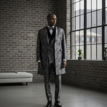 Tuxedo Sage Green/ Orange/ Teal / Grey Patterned Brocade long Jacket