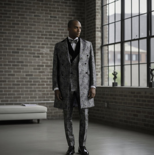 Tuxedo Sage Green/ Orange/ Teal / Grey Patterned Brocade long Jacket