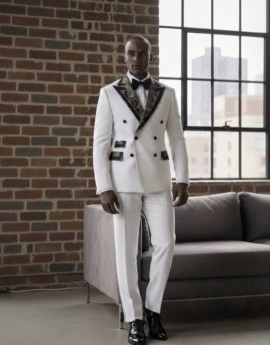 Mens Tuxedo White and Gold/ Black Jacquard Jacket