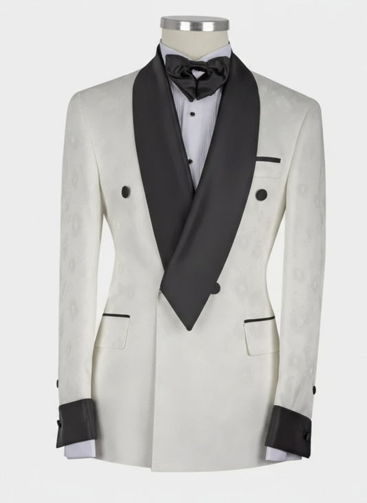 2pc White Jacquard Double Breasted Tuxedo Jacket and Black Formal Trousers / Italian Pure Wool