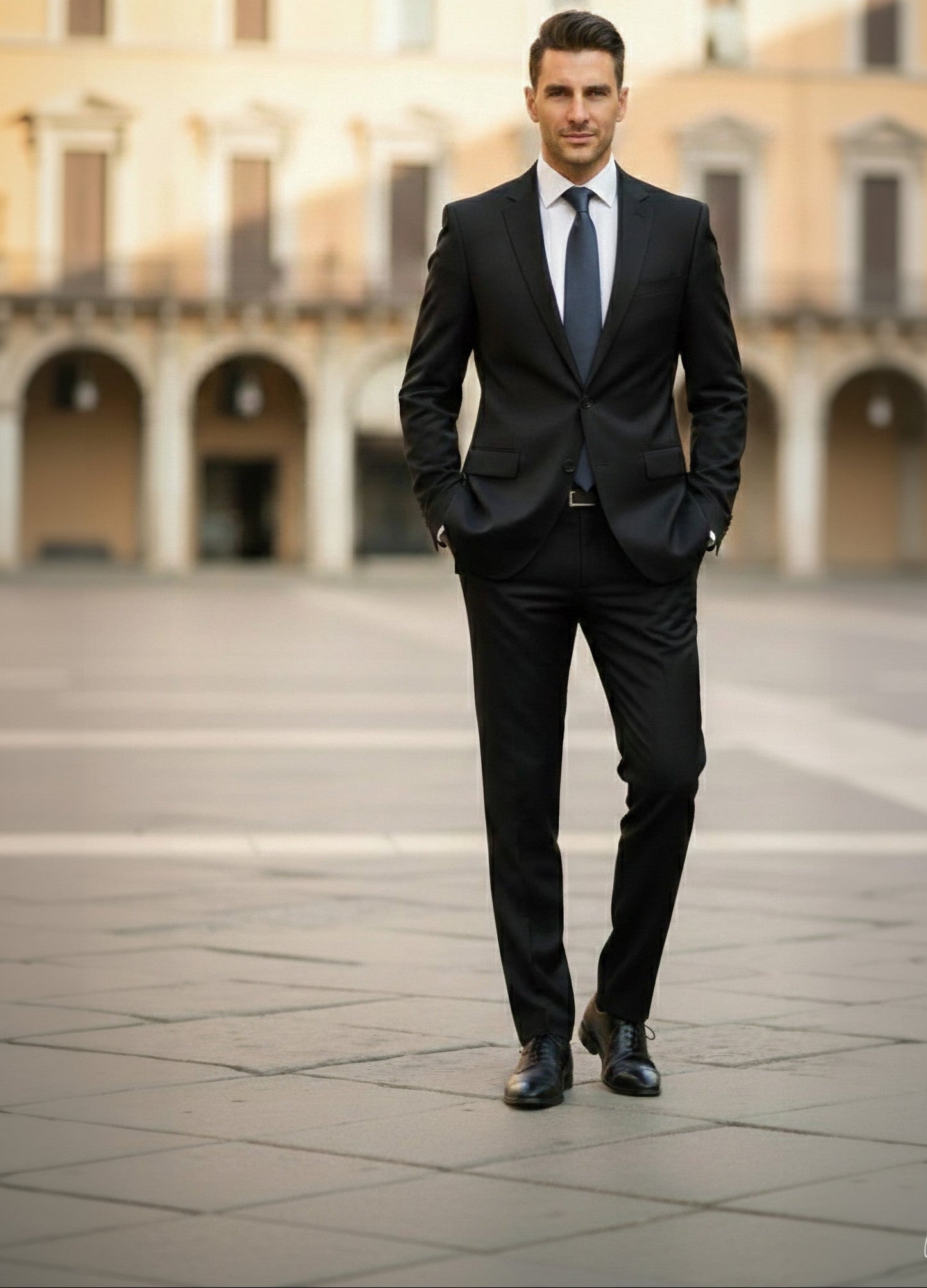 Man in a black suit standing in an open square with classical architecture.