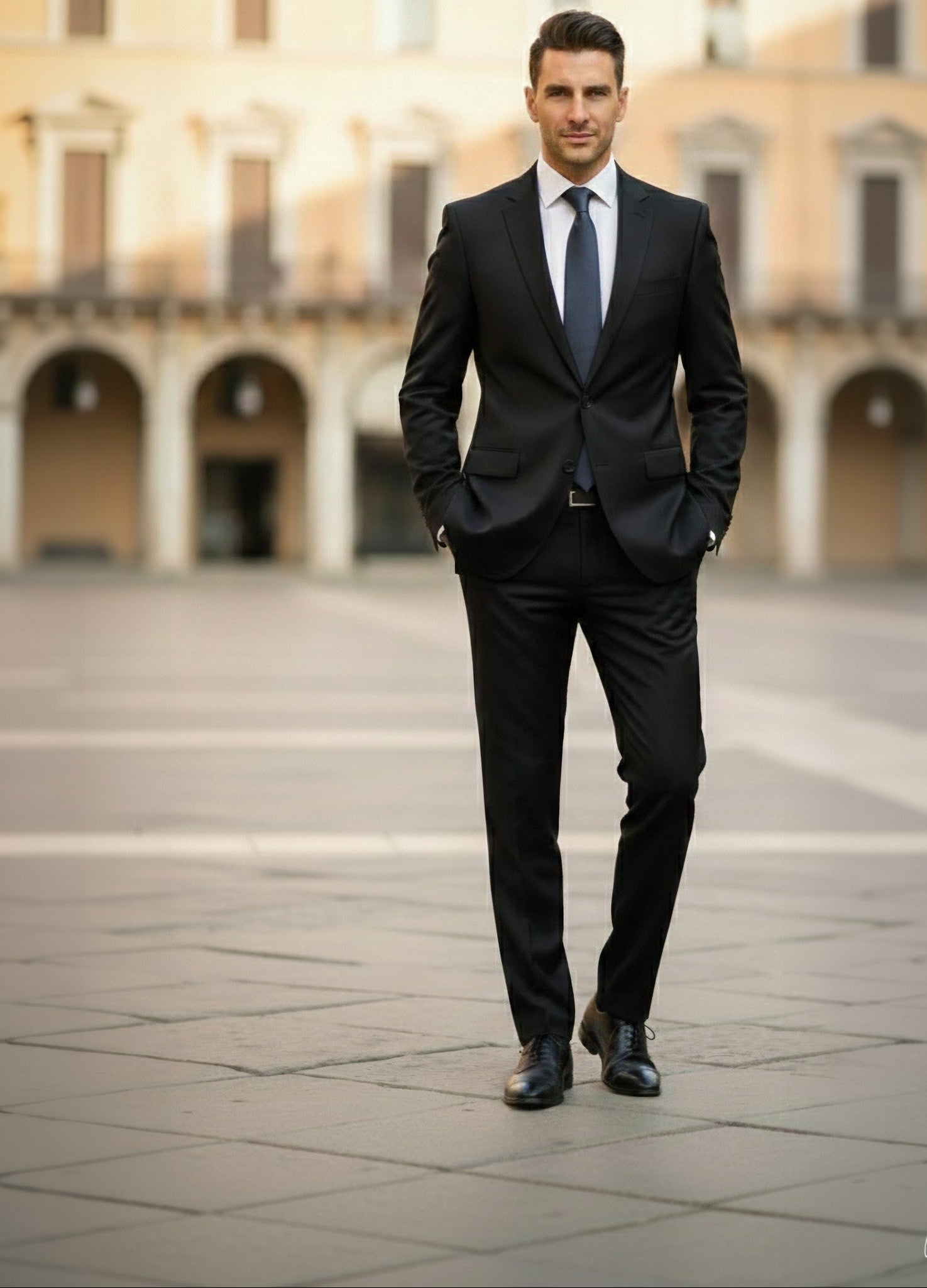 Man in a black suit standing in an open square with classical architecture.