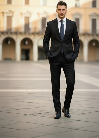Man in a black suit standing in an open square with classical architecture.