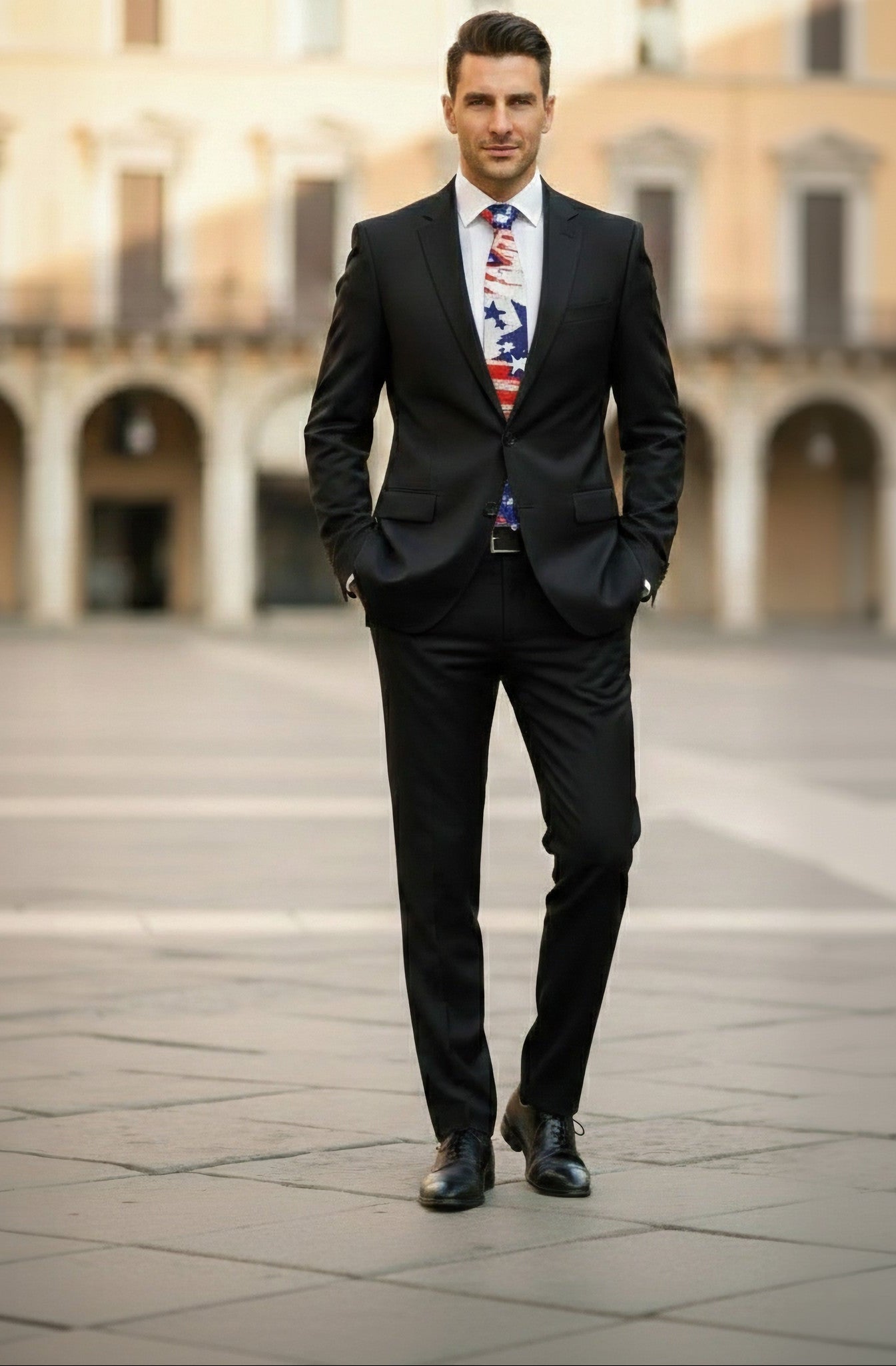 Man in a black suit standing in an open square with classical architecture.