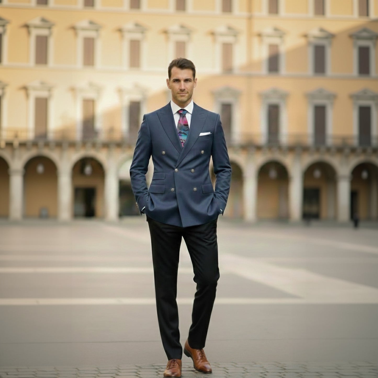 Man in a blue suit standing in front of a large building with arches