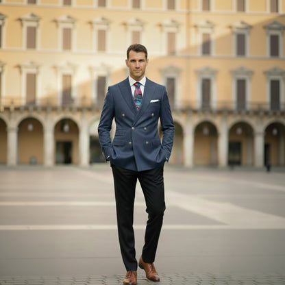 Man in a blue suit standing in front of a large building with arches