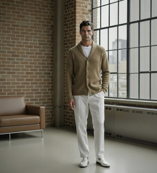 Man wearing a brown cardigan over a white shirt and pants, standing in a room with brick walls and large windows.