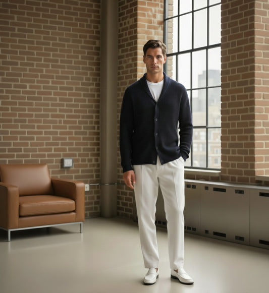 Man wearing a dark cardigan, white shirt, and white pants standing in a room with brick walls and large windows.