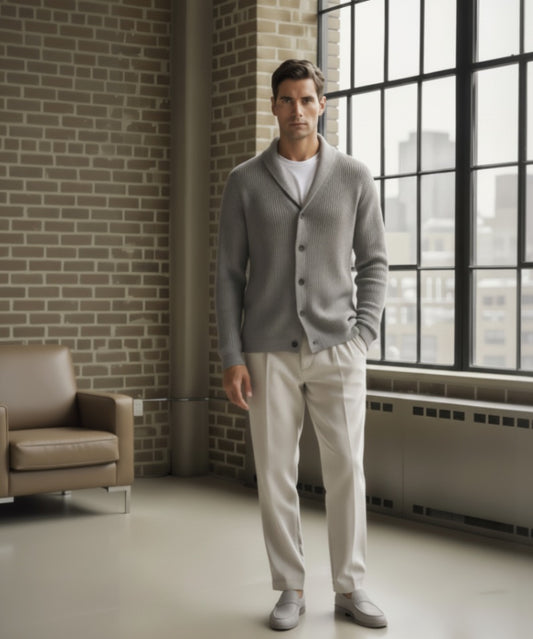 Man wearing a gray cardigan and light gray pants standing in a room with a brick wall and large window.