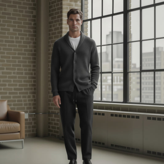 Man in a grey cardigan standing in a room with large windows and brick wall.