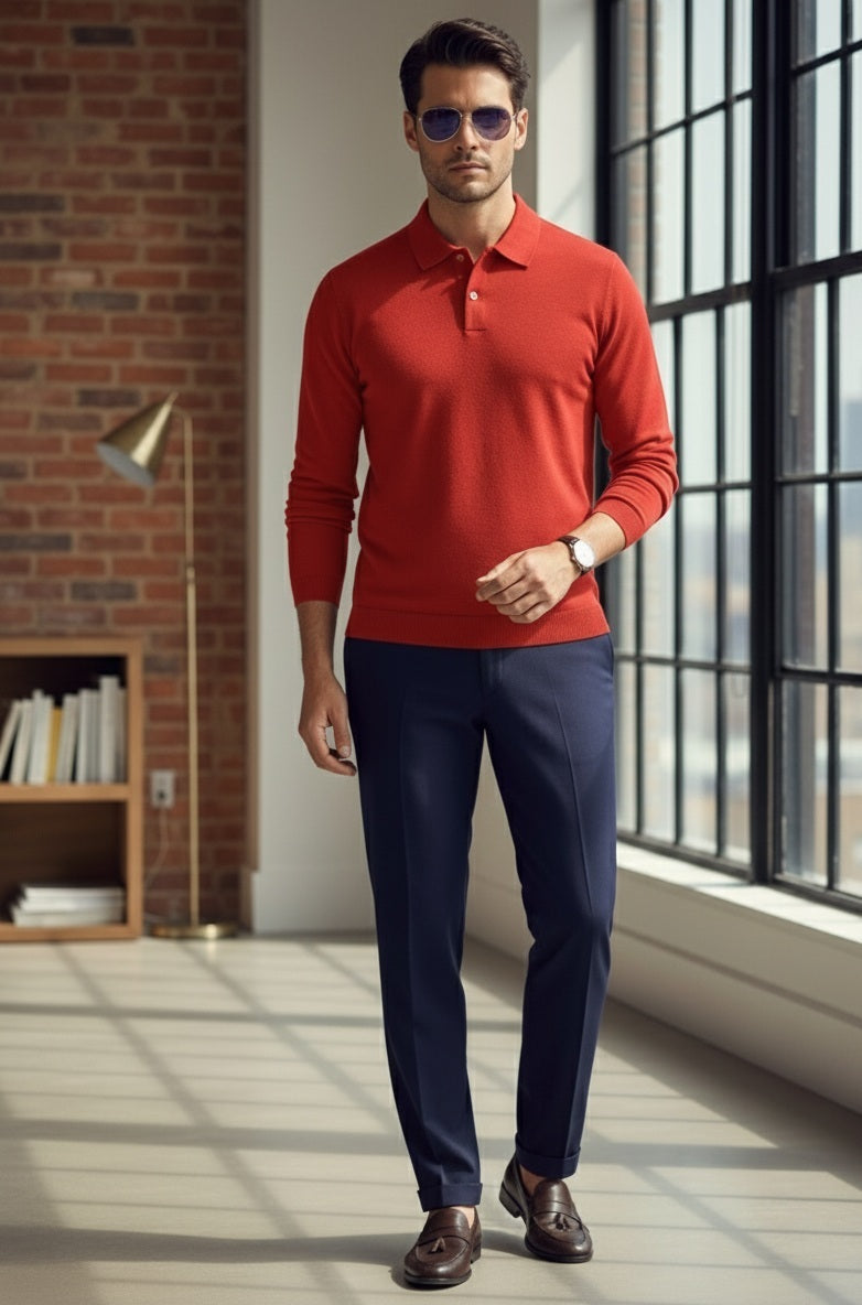 Mens long Bright Red Sleeved Polo 100% Cotton 