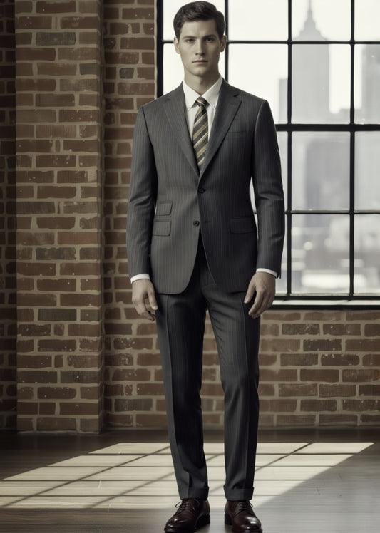 Man wearing a grey suit with a striped tie standing in front of a brick wall and large window.