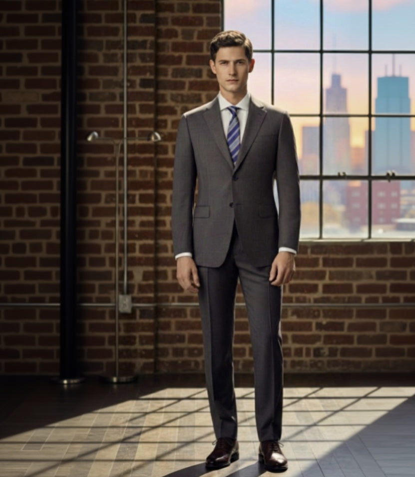 Mid/Grey Textured Single Breasted / Two Piece Suit Italian Pure Wool Super 110'S