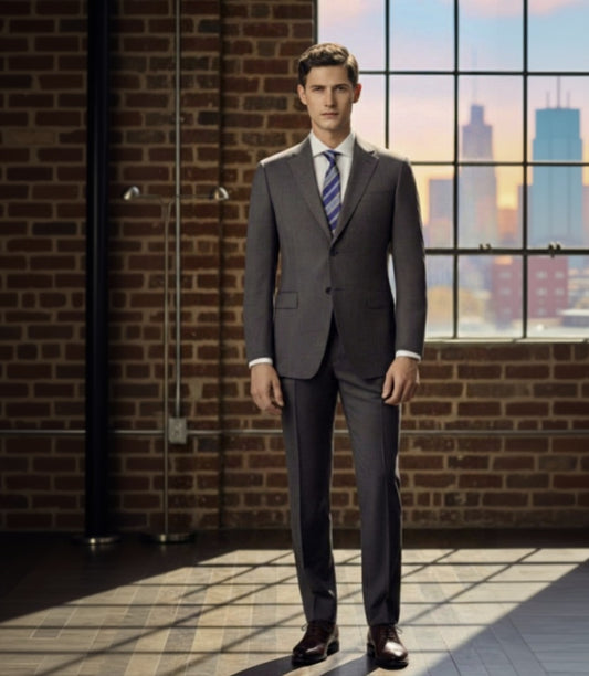 Mid/Grey Textured Single Breasted / Two Piece Suit Italian Pure Wool Super 110'S