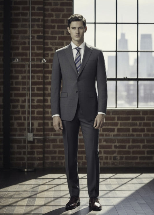 Mid/Grey Textured Single Breasted / Two Piece Suit Italian Pure Wool Super 110'S