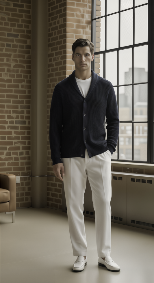 Man wearing a dark cardigan, white shirt, and white pants standing in a room with brick walls and large windows.