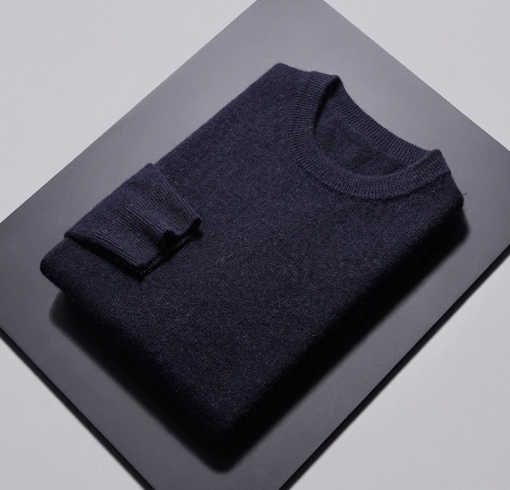 Navy Crew Neck 10% Cashmere 90% Wool Plain Knit