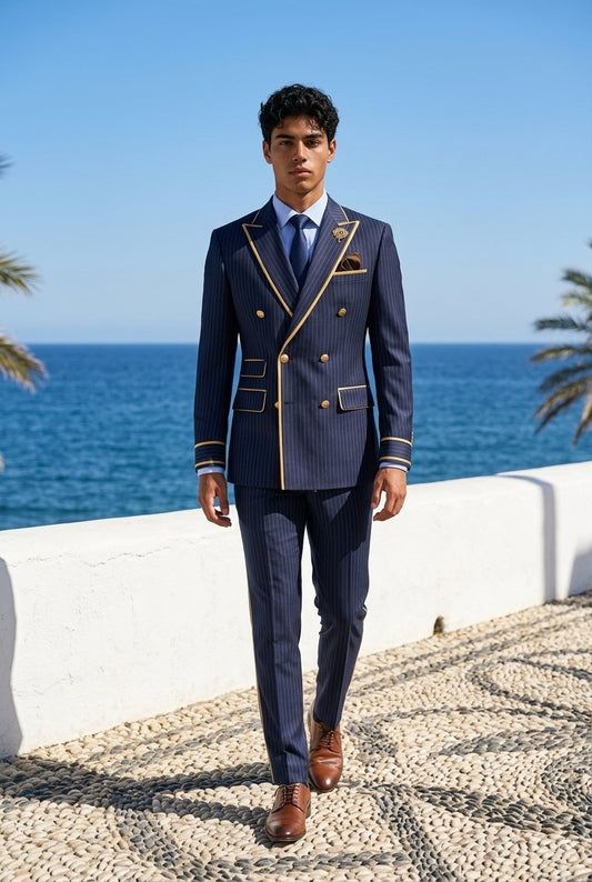  Navy/ Gold Pinstripe Double Breasted Tuxedo Jacket and Formal Trousers 