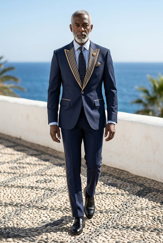 Navy/ Gold Single Breasted Tuxedo Jacket and  Formal Trousers