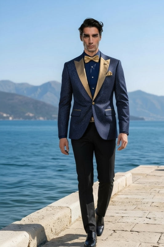 Navy Polka Dot Single Breasted Tuxedo Jacket and Black Formal Trousers