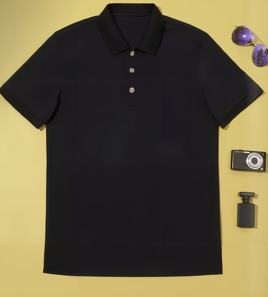 Navy polo shirt with a camera, sunglasses, and perfume bottle on a yellow background