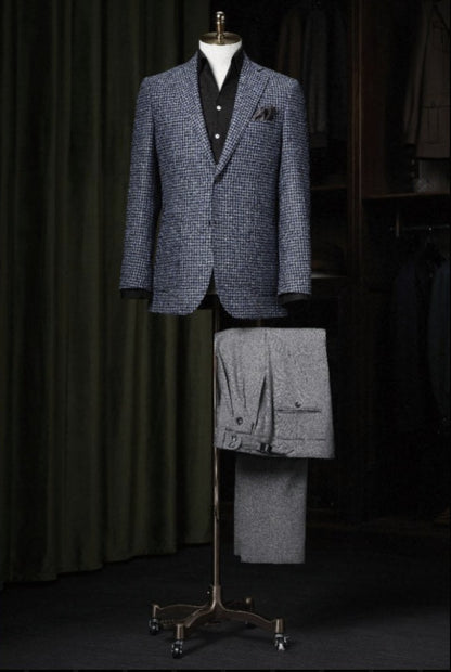 Navy Puppy Tooth Wool Single Breasted Jacket / Plus Grey Wool Trousers