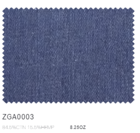 Navy blue denim fabric swatch with 'ZGA0003' label