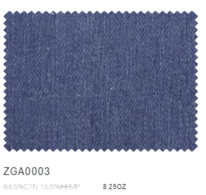 Navy blue denim fabric swatch with 'ZGA0003' label