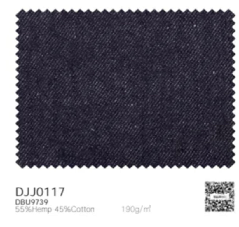 Navy blue fabric swatch with material details