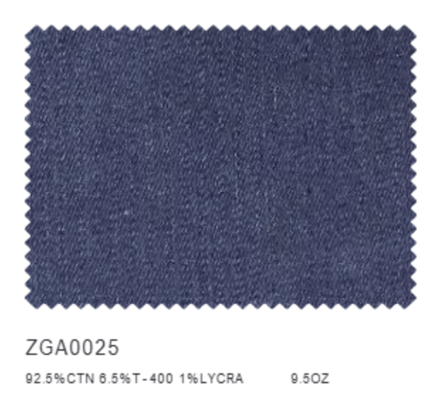 Navy blue fabric swatch with specifications
