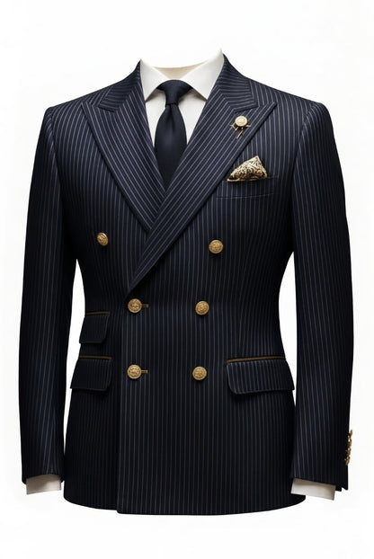 Navy pinstripe suit with gold buttons on a white background