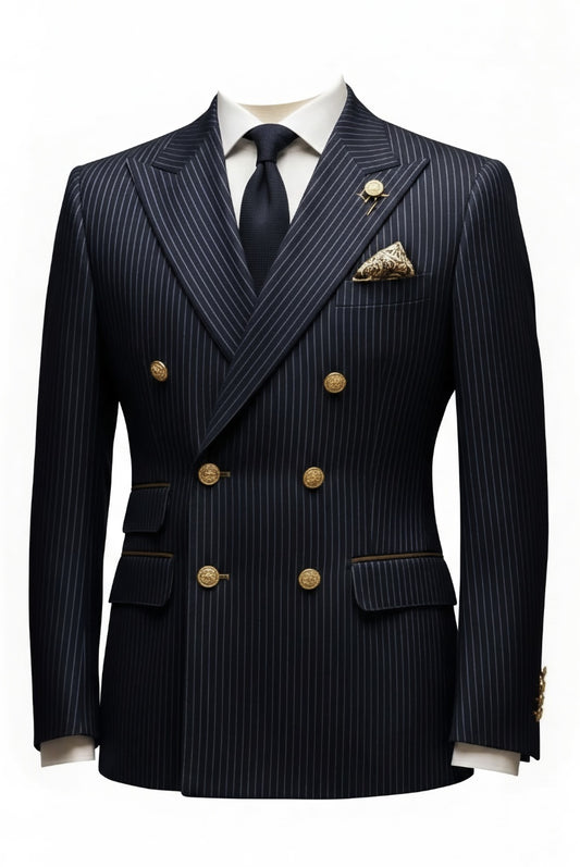 Navy pinstripe suit with gold buttons on a white background