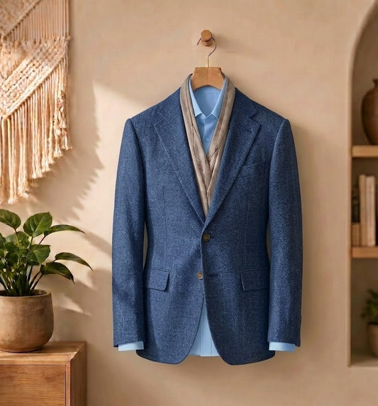 A blue textured blazer jacket hanging on a wooden hanger against a warm beige wall, styled with a light blue dress shirt and a beige scarf. The setting includes a wooden shelf with books and a vase on the right, and a potted plant and macrame wall hanging on the left.