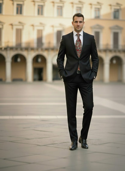 Man in a suit standing in an open square with classical architecture