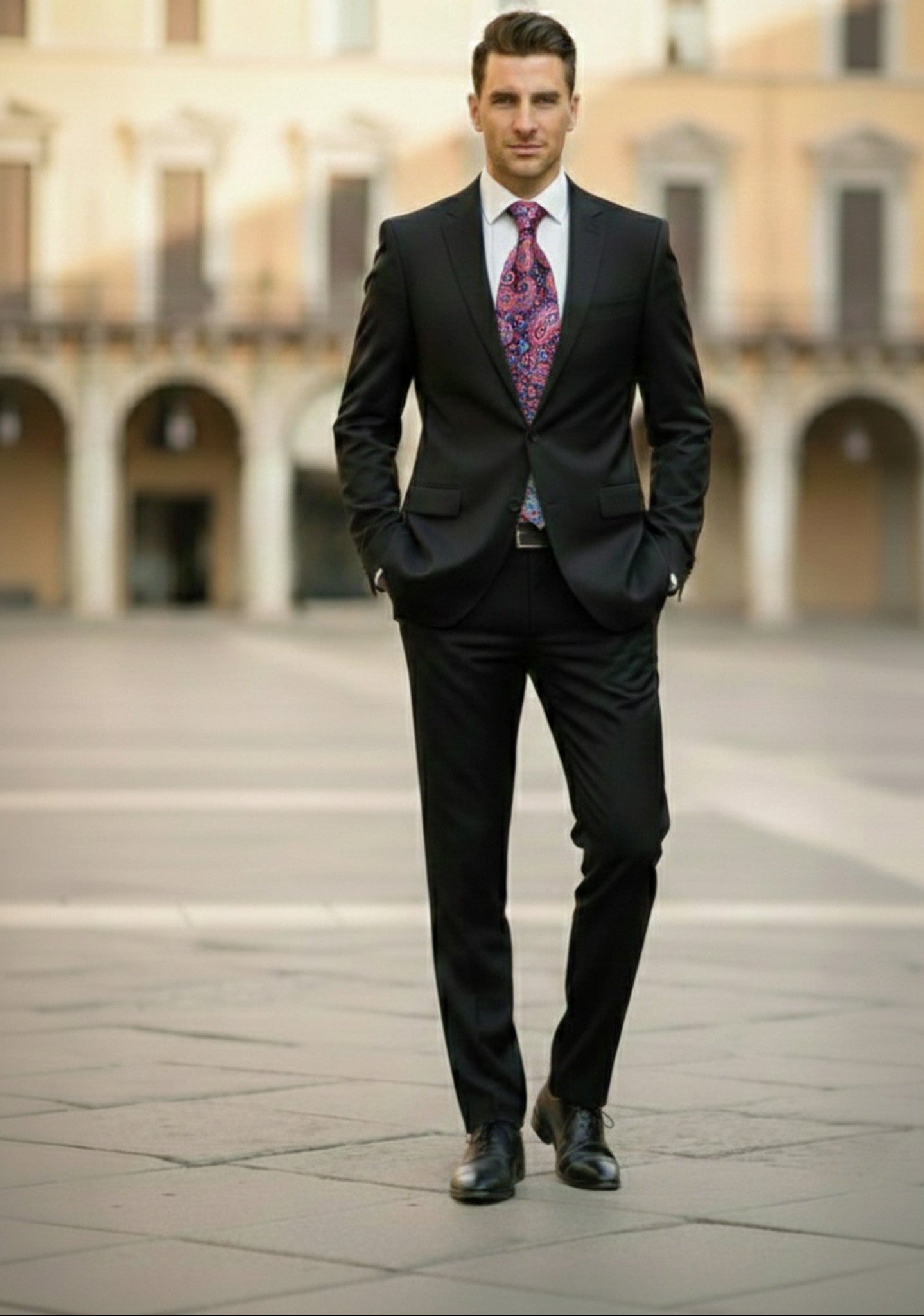 Man in a black suit with a patterned tie standing in an open square with arches.