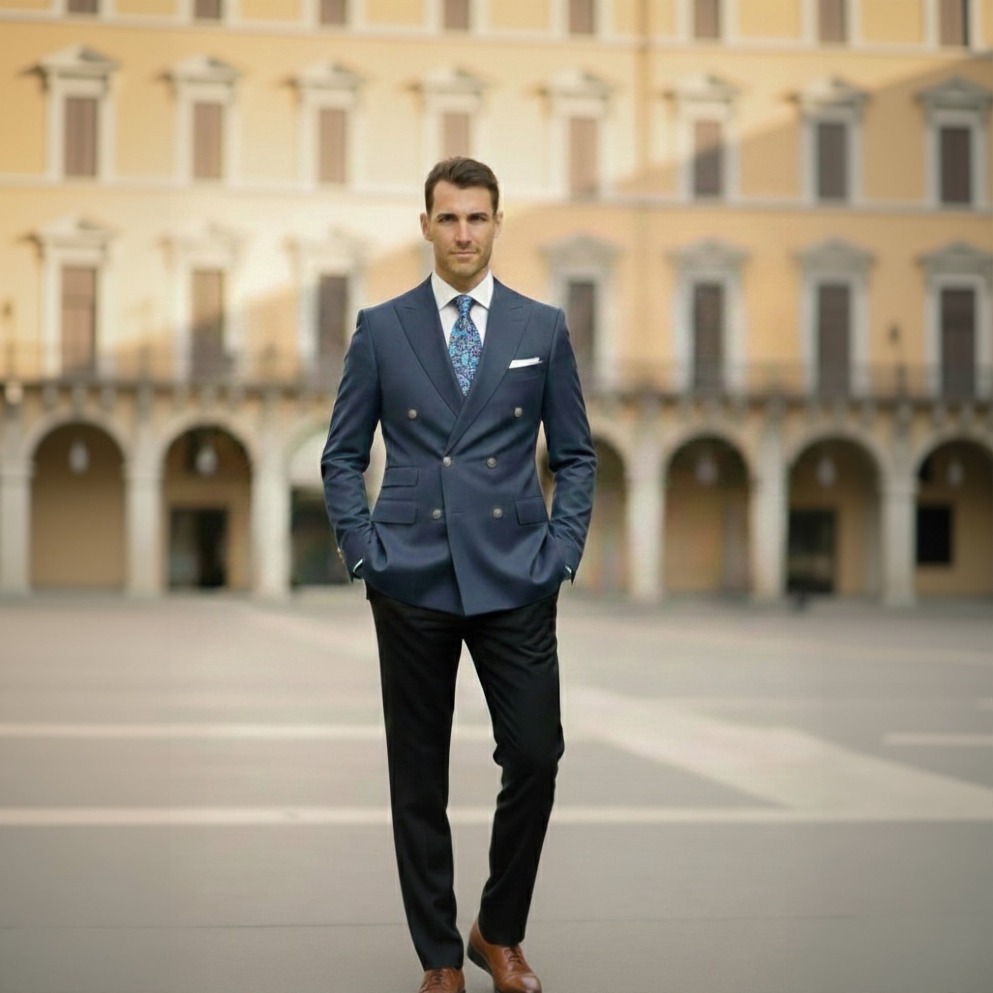 Man in a blue suit standing in front of a building with arches