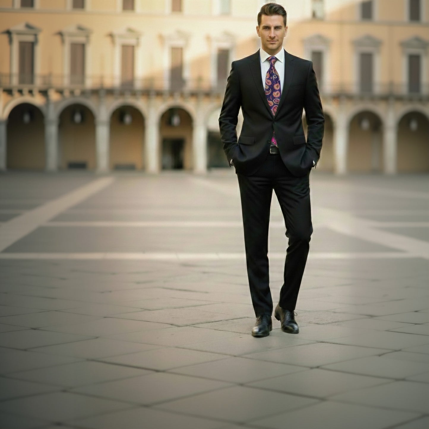 Man in a black suit with a patterned tie standing in an open square with arches in the background
