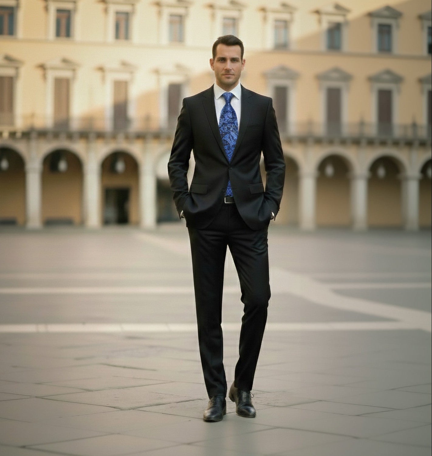 Man in a suit standing in an open square with classical architecture